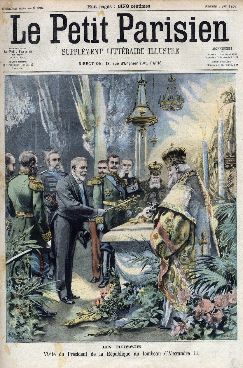 Na Rússia: visita do Presidente Emile Loubet (1838-1929) ao túmulo de Alexandre III (1845-1894), Imperador da Rússia, em "Le petit Parisien". de French School