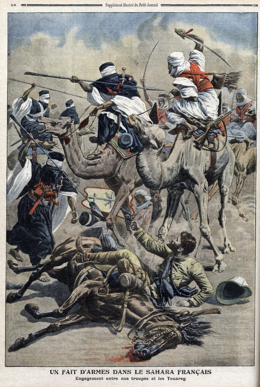 Em inglês Sahara: luta entre turaregues de areia das tropas francesas, ilustração do jornal "Le Petit Journal" 17 de março de French School