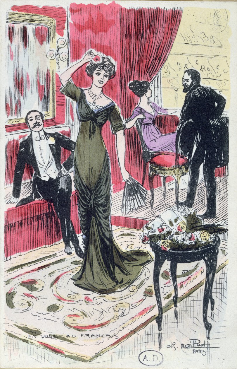 No foyer do teatro, cartão postal 1910 de French School