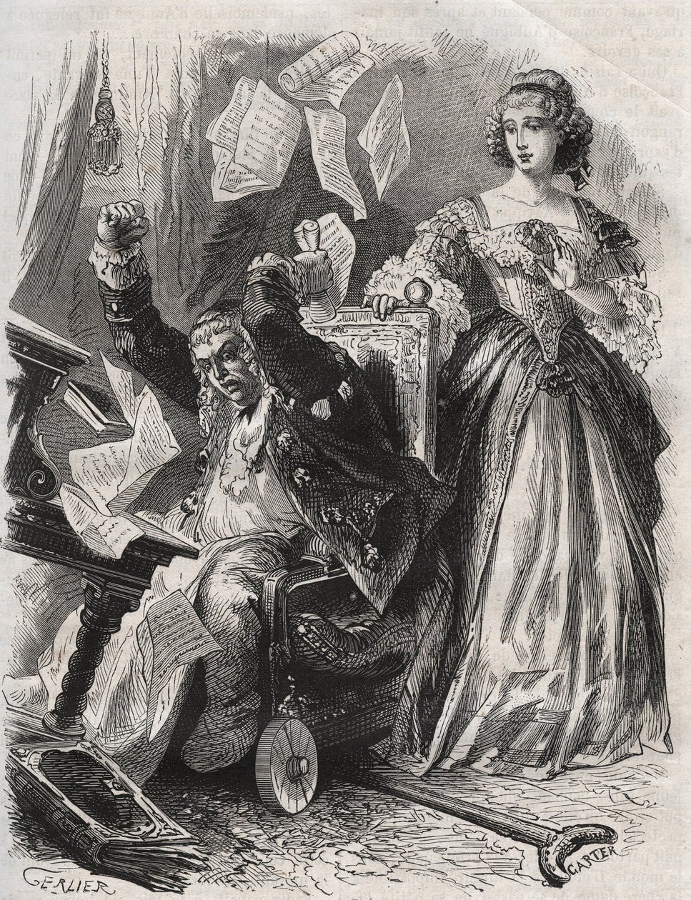 Na presa da fúria louca, ele fez voar penas, livros e papéis: raiva do poeta Paul Scarron (1610-1660) diante de sua esposa, Françoise d