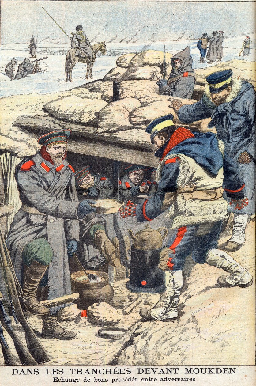 Nas trincheiras antes de Mukden, na Guerra Russo-Japonesa. Tropas japonesas e russas a trocar comida e bebida. Na trincheira na frente de Mukden. Troca de bons processos entre adversários. Ilustração para Le petit Journal, 22 de Janeiro de 1905. de French School