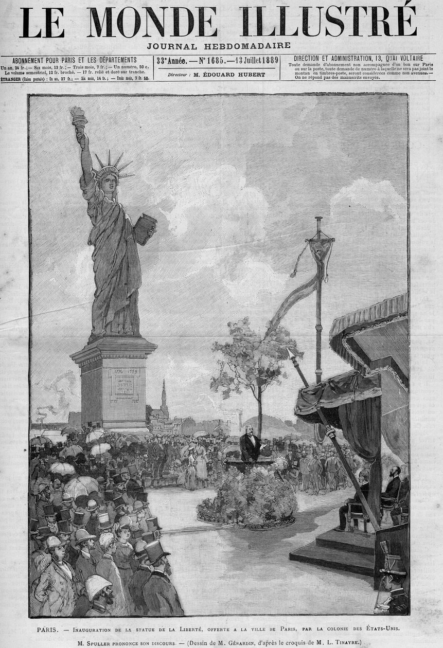 Inauguração da Estátua da Liberdade em Paris, 4 de julho de 1889: discurso de Eugene Spuller (1835-1896), ministro francês dos Negócios Estrangeiros. A Estátua foi oferecida à cidade de Paris pela comunidade americana para comemorar o centenário de de French School