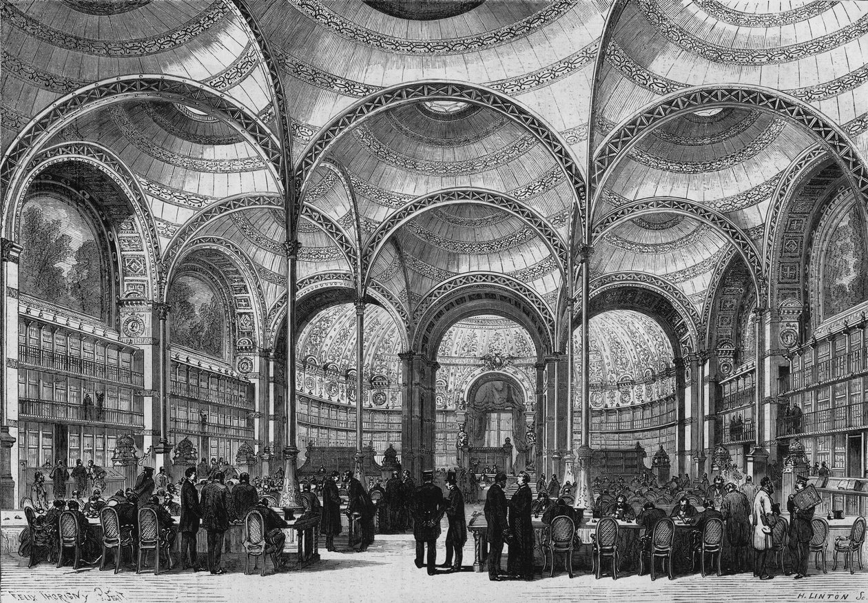 Inauguração da nova sala de leitura da Biblioteca Imperial de Paris, 13 de junho de 1868, construída pelo arquiteto Pierre Francois Henri Labrouste (1801-1875). Gravura em "Le Monde Illustre" n°585 de 27 de junho de 1868. de French School