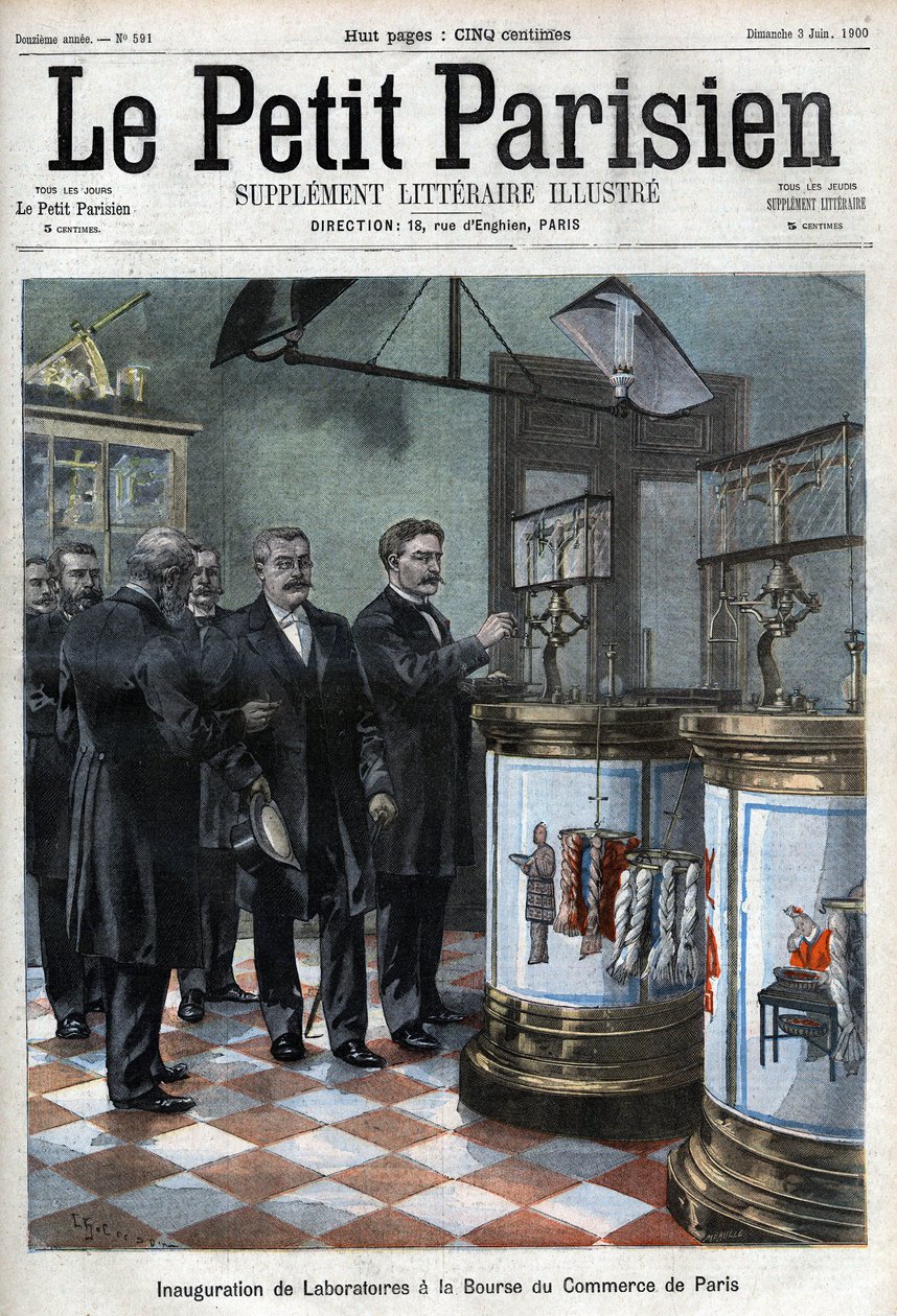 Inauguração de laboratórios na bolsa de comércio: O Sr. Masson, presidente da Câmara de Comércio de Paris, apresenta ao Ministro do Comércio de Millerand as novas instalações para o estado das cerdas e lãs e o laboratório para testes de papel. (Pesagem de French School