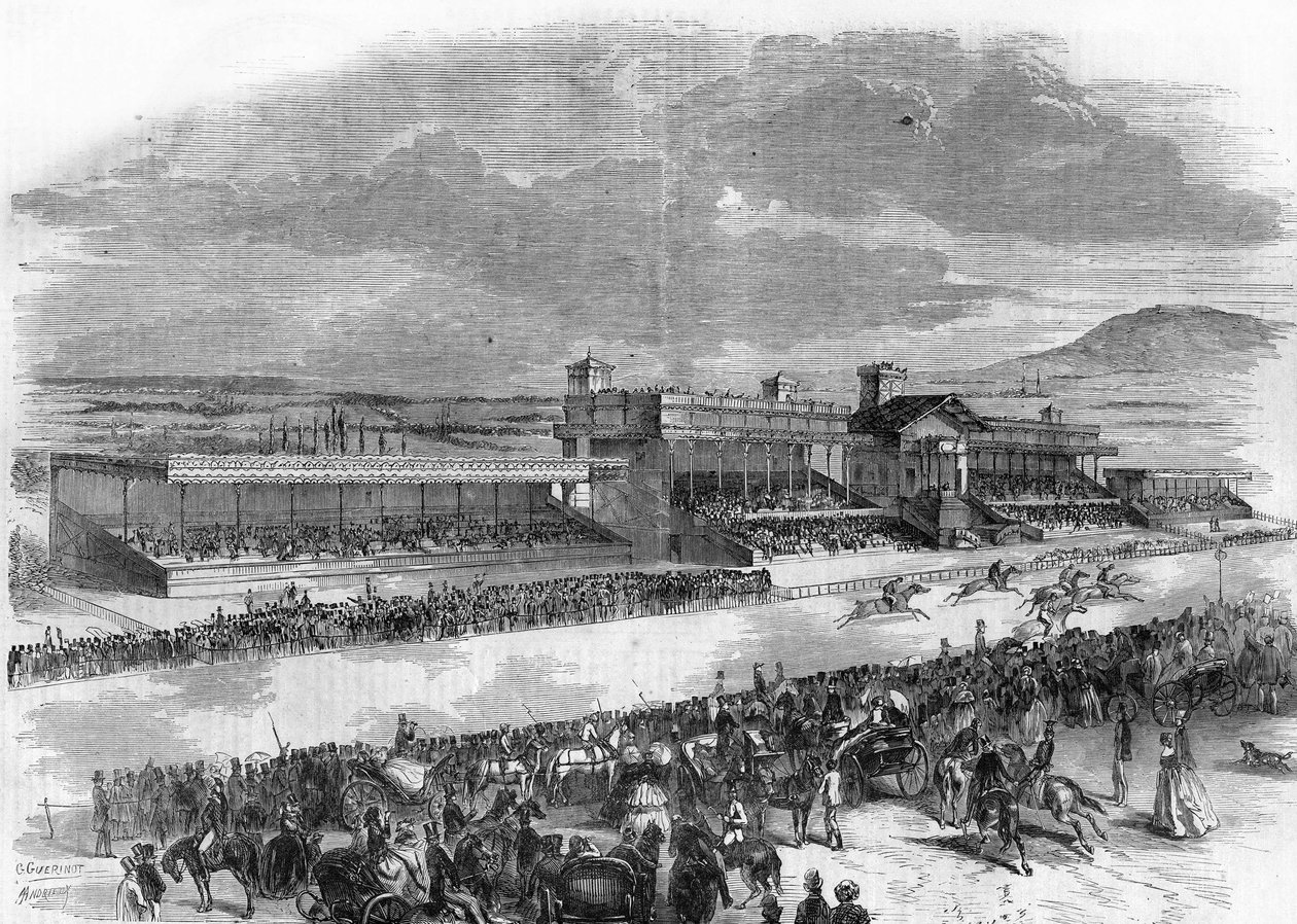 Inauguração das corridas de cavalos no Bois de Boulogne, em 1857. de French School