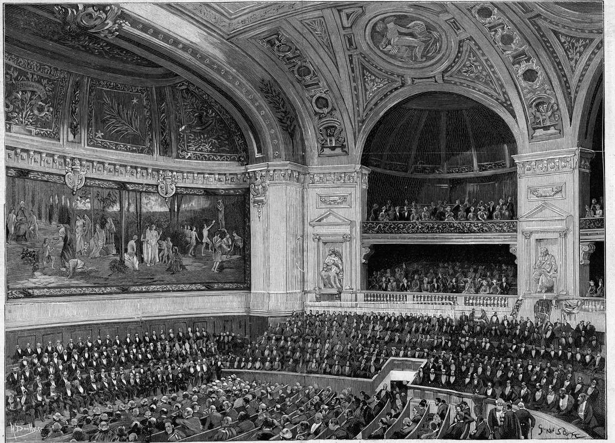 Inauguração da nova Sorbonne em 1889: o grande anfiteatro durante a cerimónia. de French School