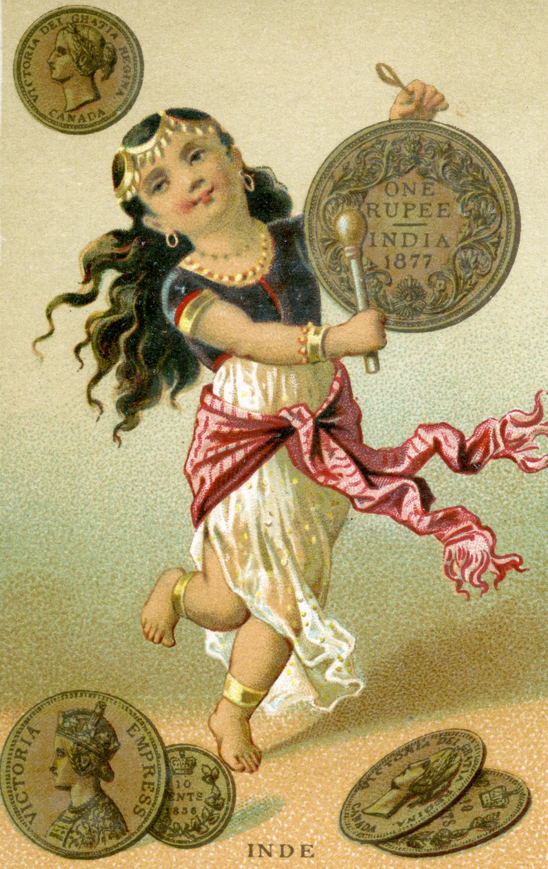 Dançarina indiana batendo um tambor de rúpia, de uma série de cartões promocionais sobre moedas em diferentes países, publicado em Paris pela Baster & Vieillemard para uso do produtor de chocolate, Chocolat Ible de French School