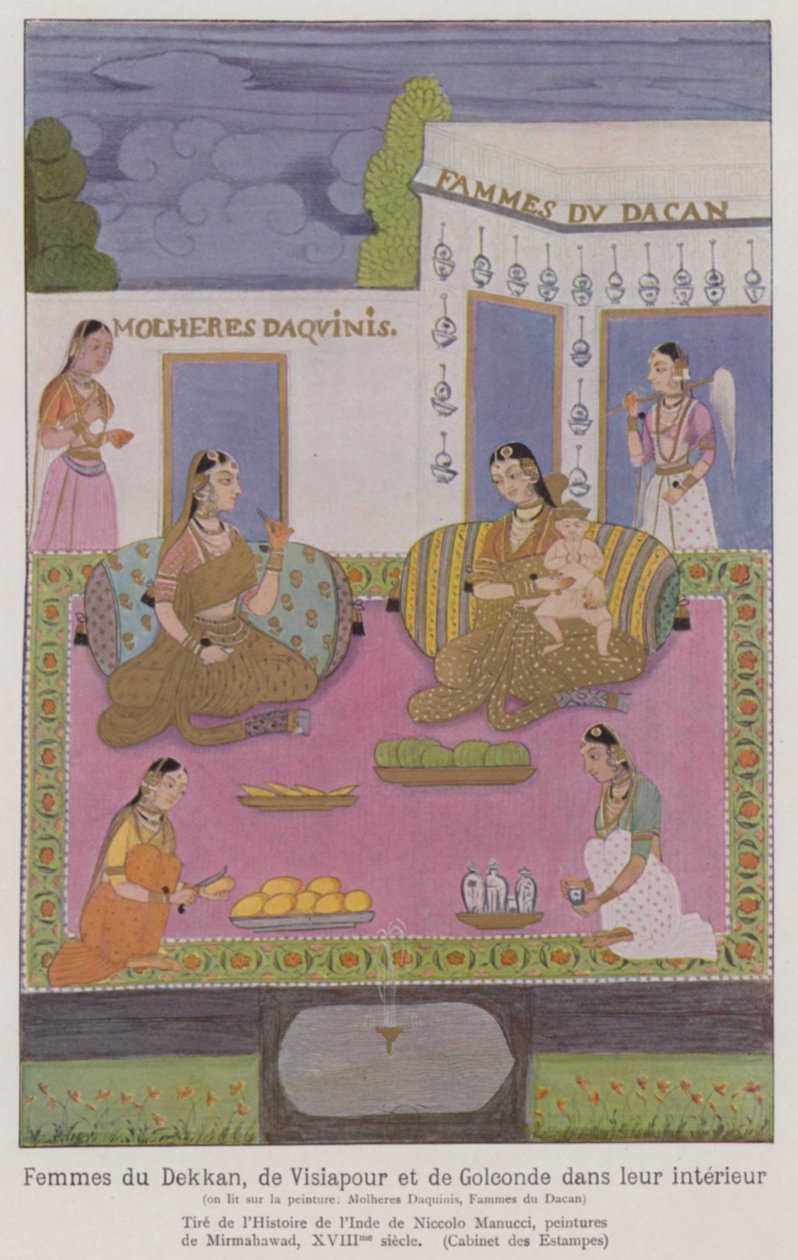 Mulheres indianas do Decão no interior de um edifício (litografia a cores) de French School