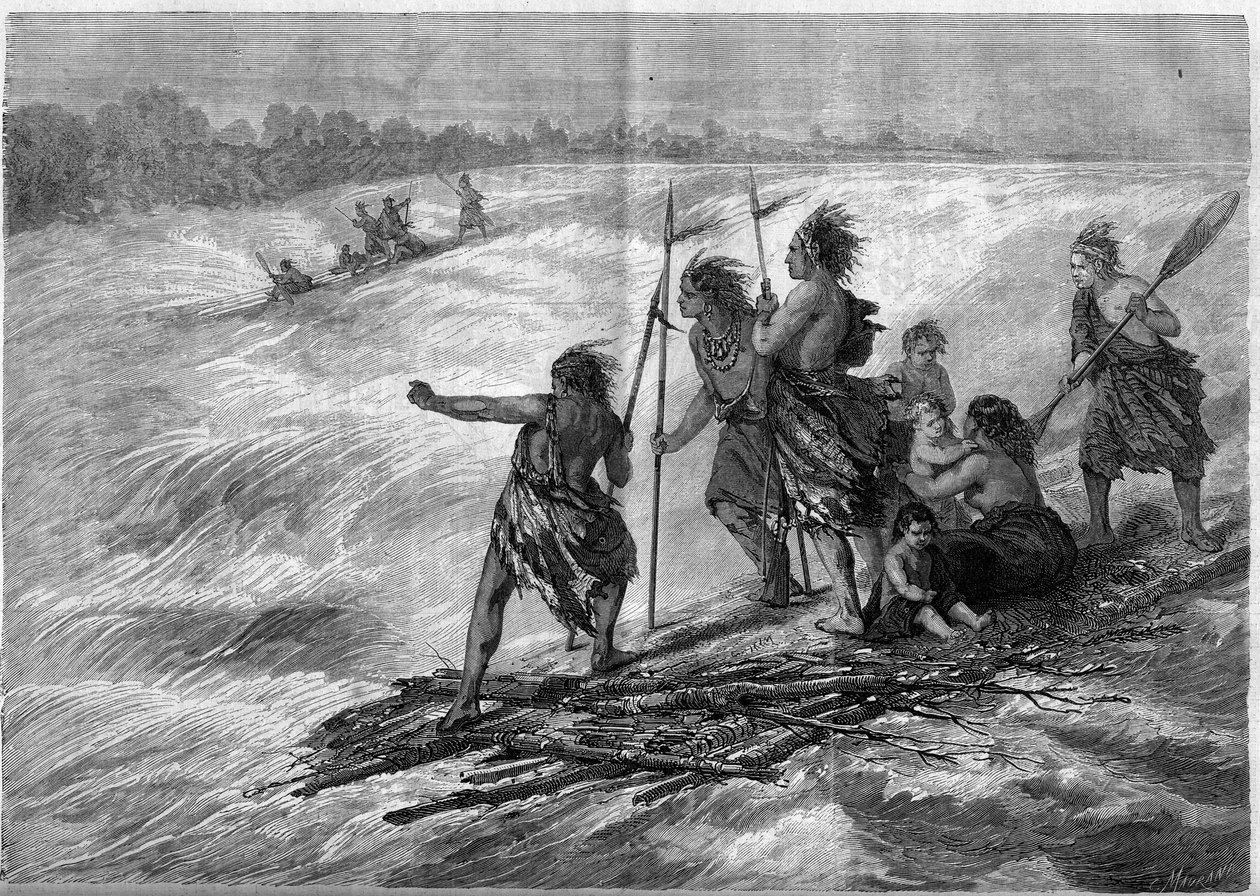 Índios do Canadá, de pé sobre galhos de árvores unidos, descendo os Rapids de Long Sault no rio St. Lawrence de French School