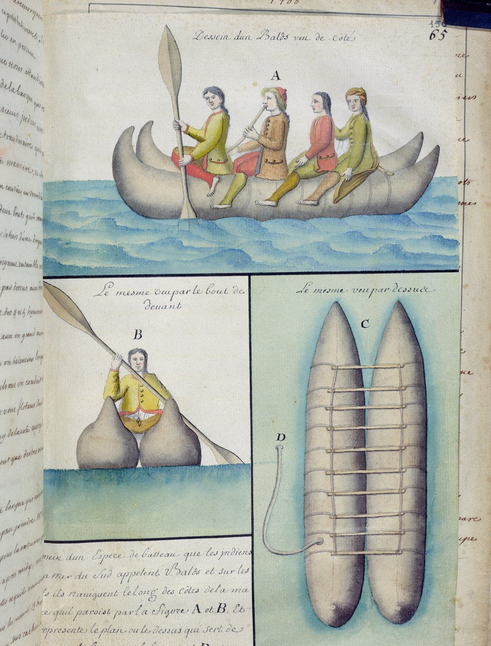 Índios dos Mares do Sul usando barcos chamados Balds (wc no papel) de French School