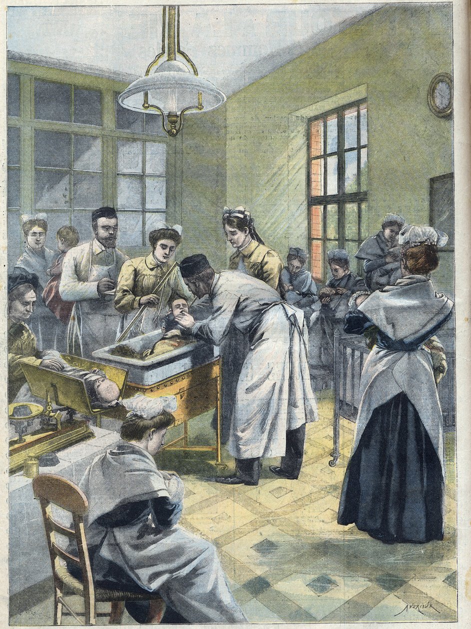 Lactentes no depósito de Enfants Assistes rue Denfert Rochereau (Denfert-Rochereau), em Paris, em lugares de uma incubadora. Os médicos e enfermeiros cuidam de bebês prematuros ou debilitados, no "Le Petit Parisien". de French School