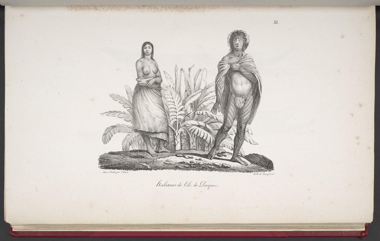 Habitantes da Ilha de Páscoa, de Uma Viagem Pitoresca ao Mundo, com Retratos de Selvagens da América, Ásia, África e Ilhas do Grande Oceano; paisagens, vistas para o mar e vários objetos de história natural; acompanhado por d de French School