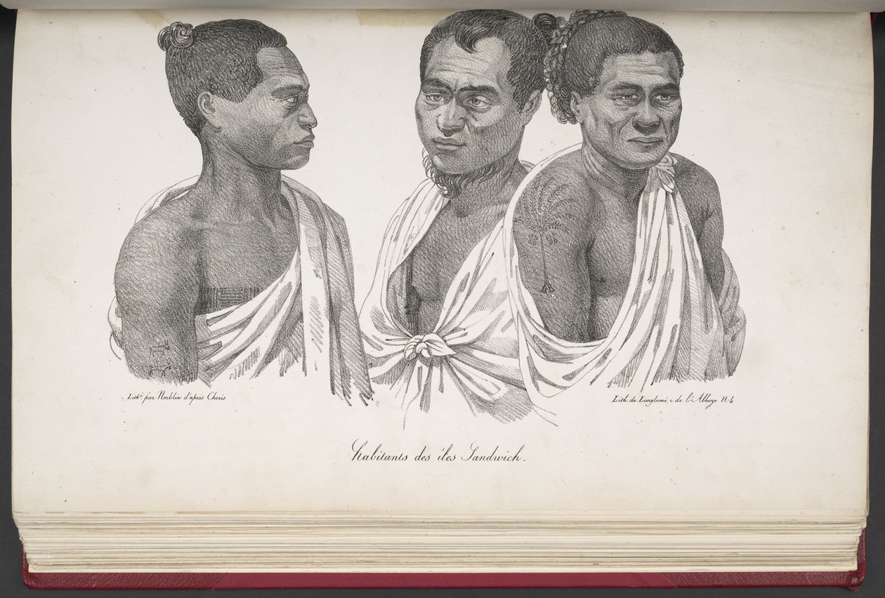 Habitantes das Ilhas Sandwich, da Pitoresca Viagem ao Mundo, com Retratos de Selvagens da América, Ásia, África e Ilhas do Grande Oceano; paisagens, vistas para o mar e vários objetos de história natural; acompanhado de French School