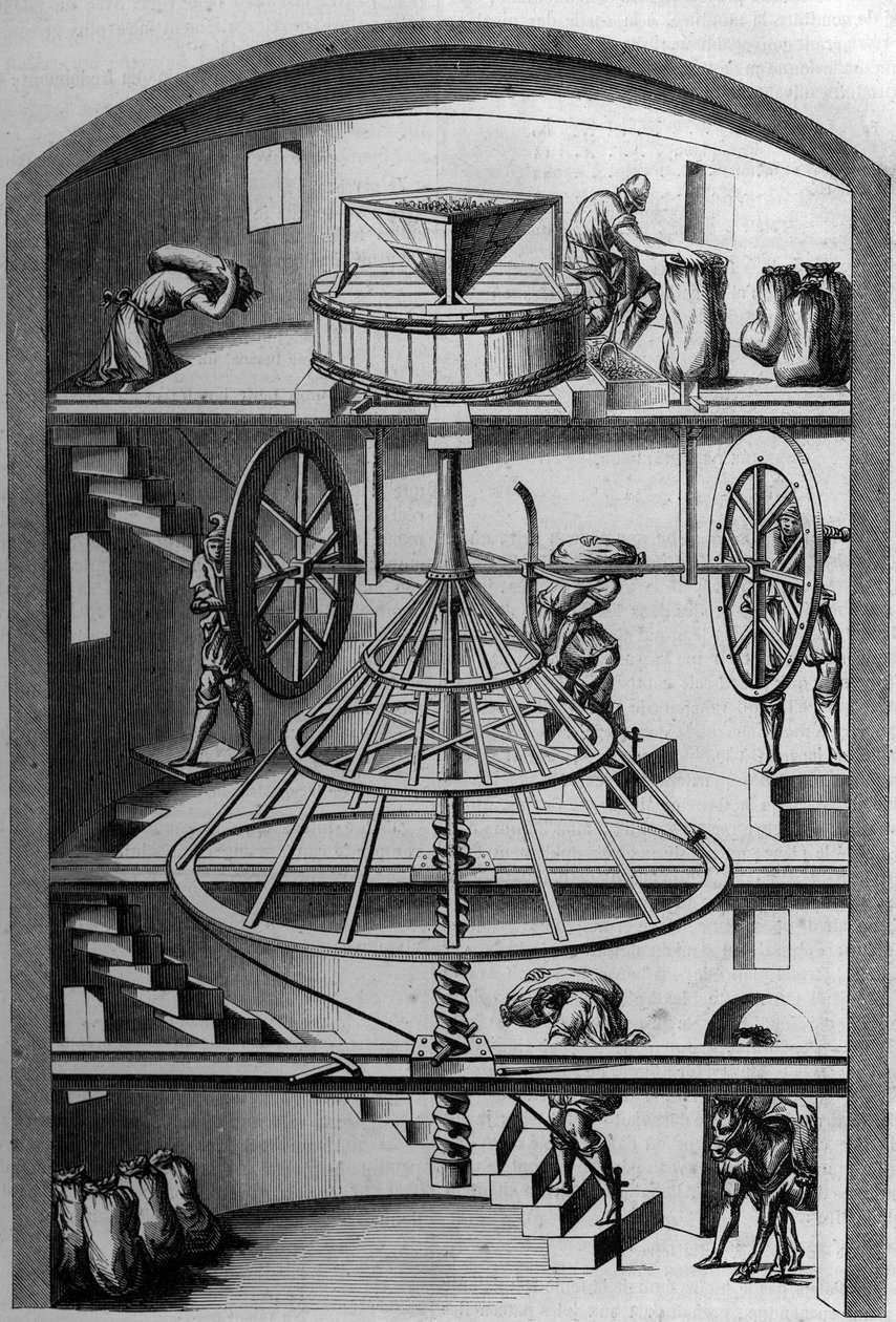 Vista interior de um moinho do século XVI; Gravura de Androue du Cerceau em "Le Magasin pitoresco". de French School