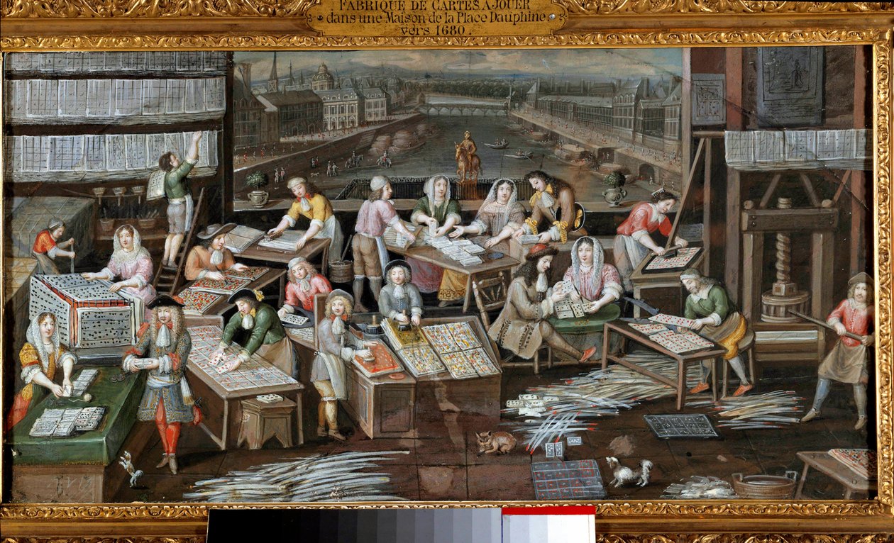 Dentro de uma fábrica de cartas de jogar em uma casa Place Dauphine em Paris As várias etapas de fabricação e venda de cartas são descritas. Pintura da Escola Francesa. 1680 em torno de Paris, Musee Carnavalet de French School