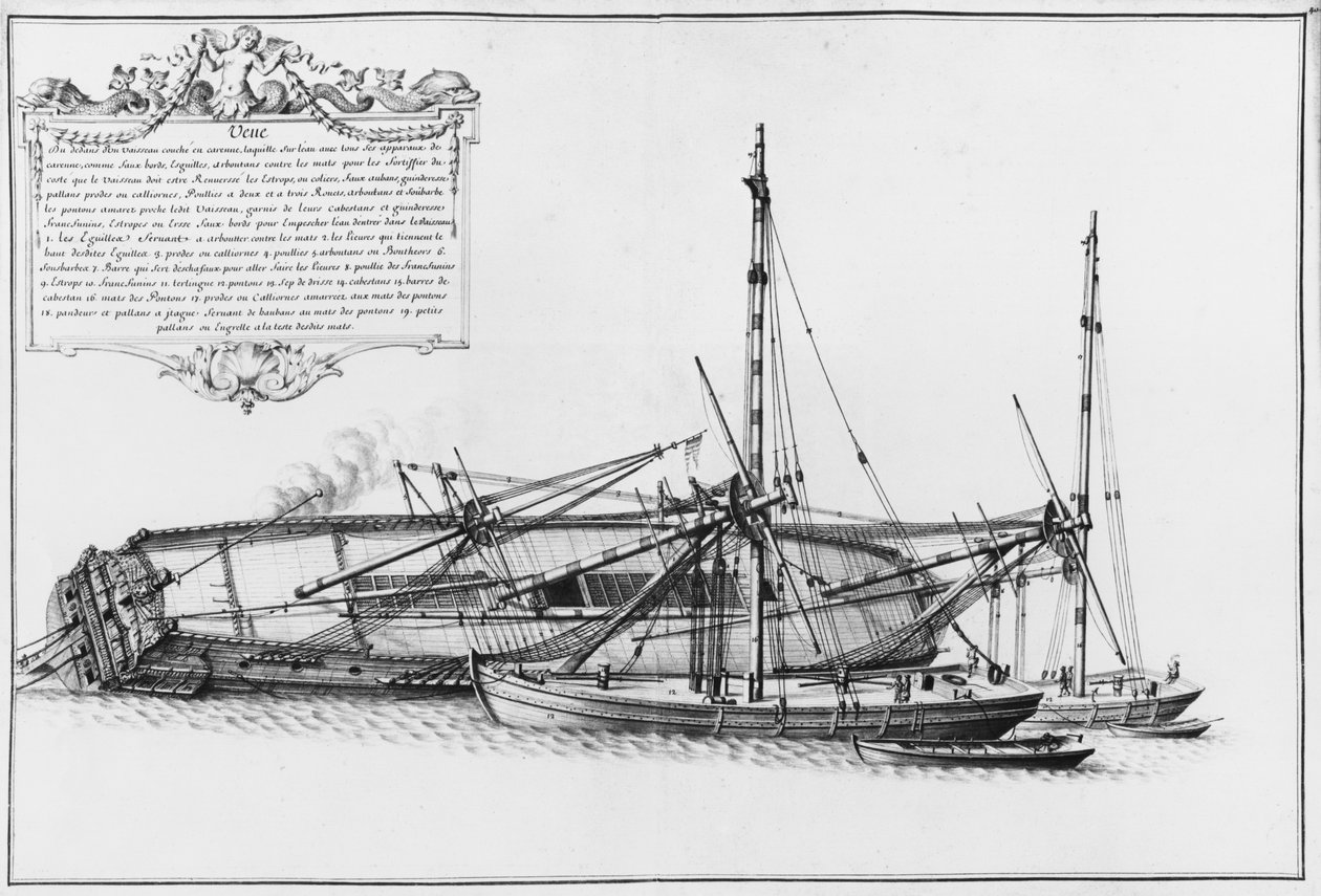 Dentro de um navio deitado no seu casco, ilustração do Atlas de Colbert, placa 40 de French School