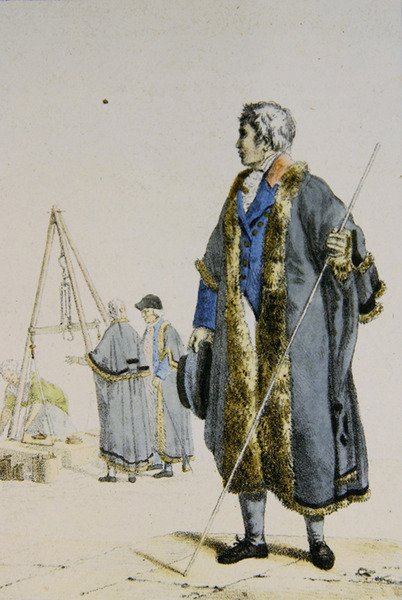 Inspector de Pesos e Medidas na Polónia, c.1817 (gravura a cores) de French School