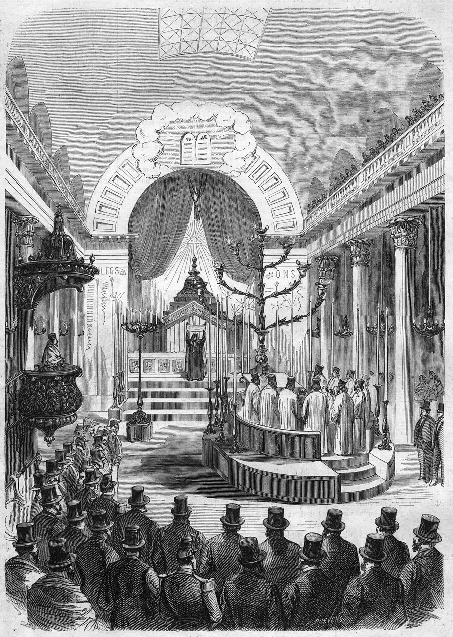 Instalação do rabino chefe do alistamento de Bordeaux, na sinagoga da cidade, em 1864. Gravura do esboço do Sr. Duffet. de French School