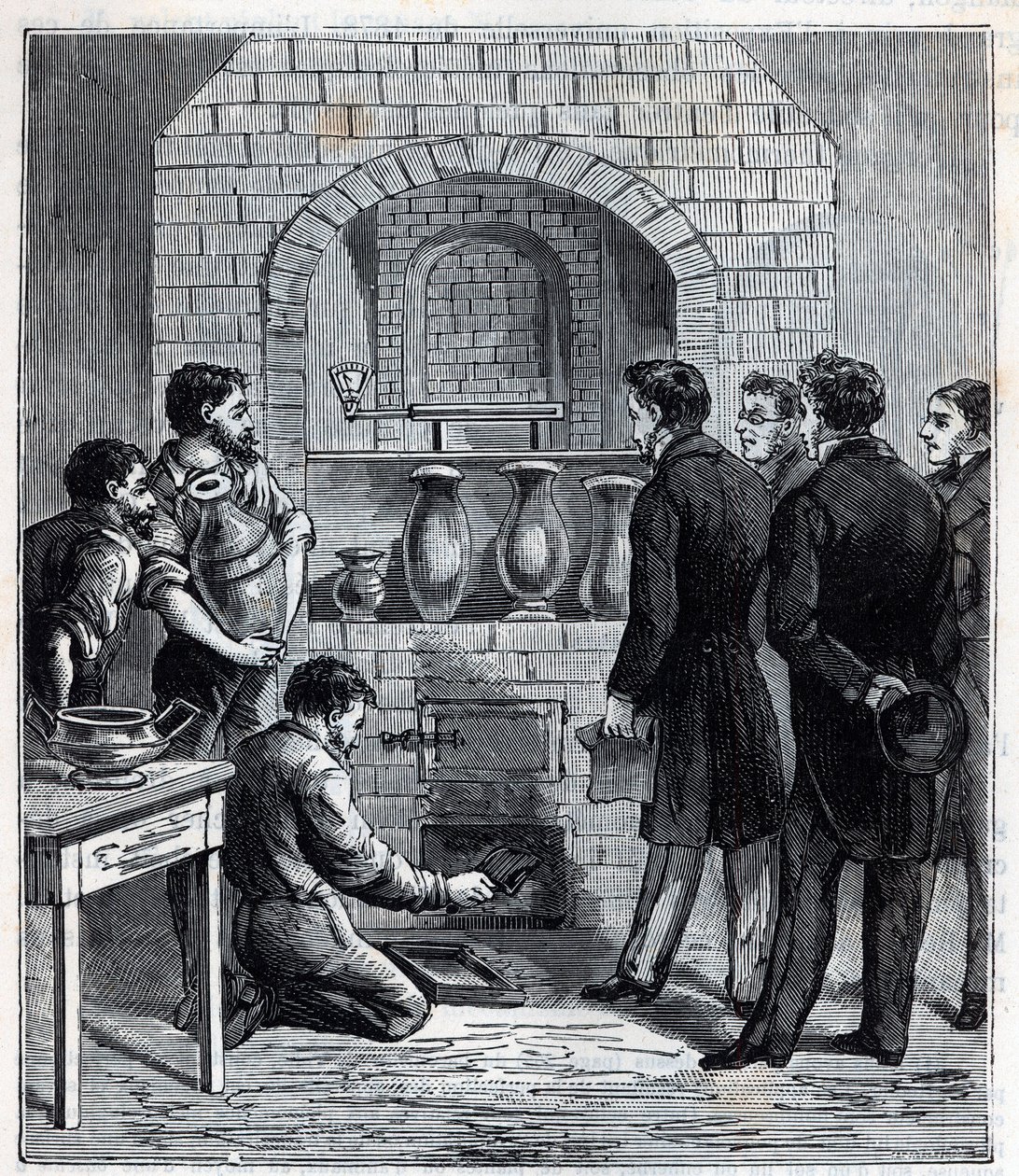 Instalação do pirômetro por Alexandre Brongniart (1770 -1847) Cientista francês na fabricação de Sevres - Gravação em "Sciences mises à la gratete de tous - physics et chimie populaires" por Alexis Clerc - Final do século XIX. Colecção privada. de French School