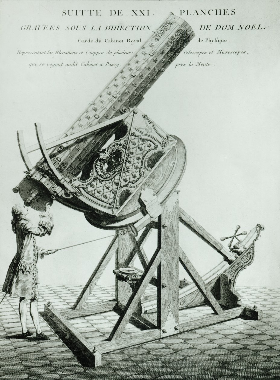 Instrumentos doptique de Dom Noel, o primeiro de uma série de 21 placas ilustrando elevações e seções transversais de telescópios e microscópios de French School