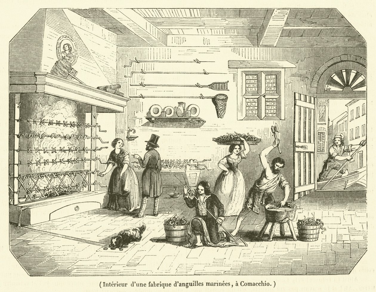 Interior de uma fábrica de enguias marinhas em Comacchio (gravura) de French School