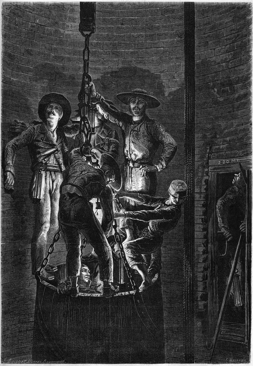 Aspecto interior de um poço de carvão: subida do contentor do lixo. 1861. Gravura em "Le Monde Illustré" n°238 de 2 de Novembro de French School