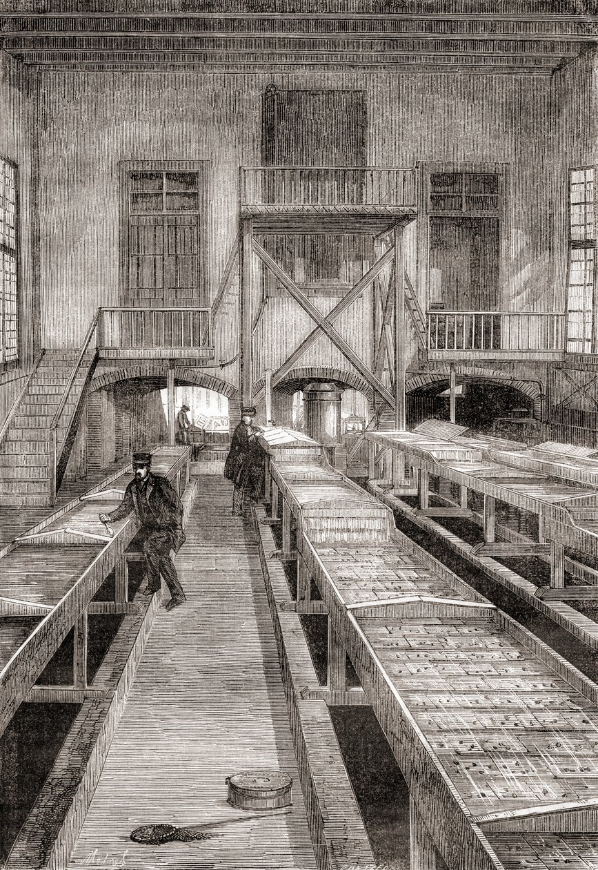 Interior de uma piscicultura do século XIX em Huningue, França, de Les Merveilles de la Science, publicado c.1870 (gravura) de French School