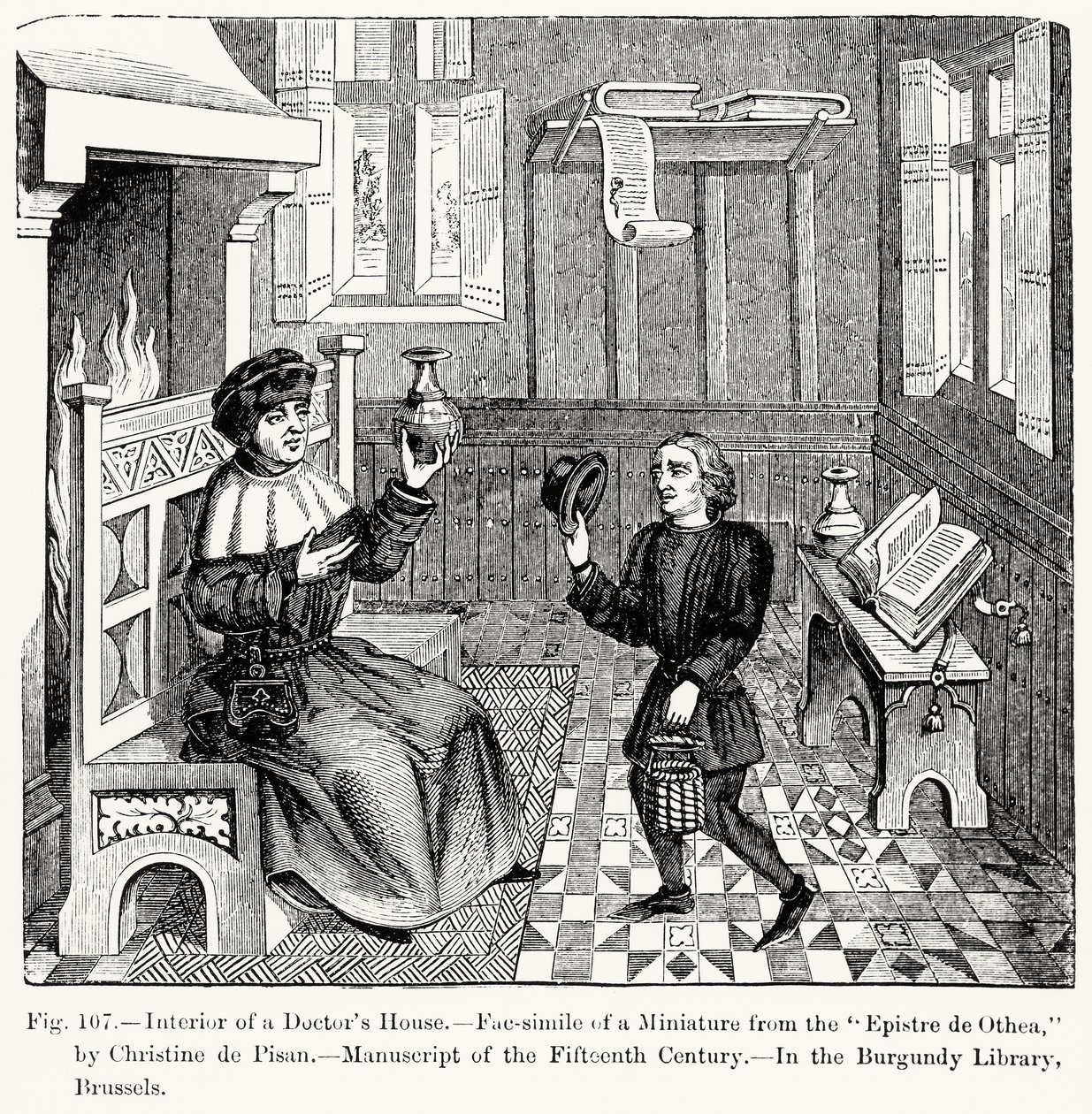 Interior de uma casa de médicos, de Epistre dOthea por Christine de Pisan, ilustração da ciência e literatura na idade média e renascentista, escrita e gravada por Paul Lacroix, de French School