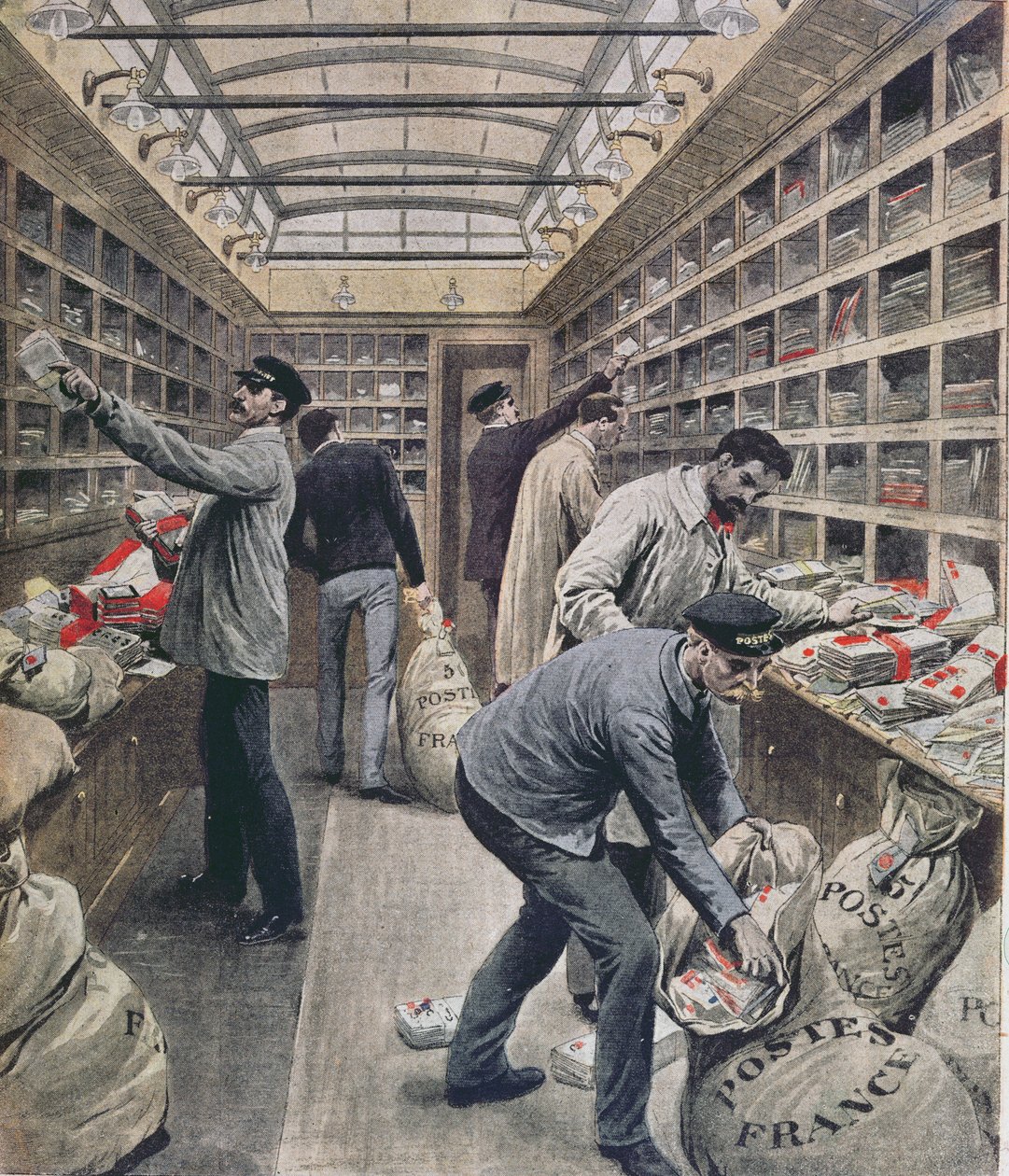 Interior de um vagão postal ferroviário francês na época do greve postal francês em 1909, ilustração do Le Petit Journal, 28 de março de 1909 de French School