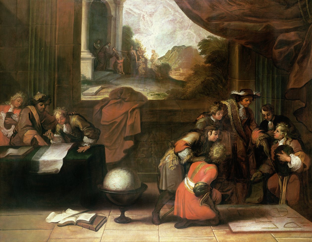 Interior de uma sala com geógrafos e matemáticos, c.1680-90 de French School