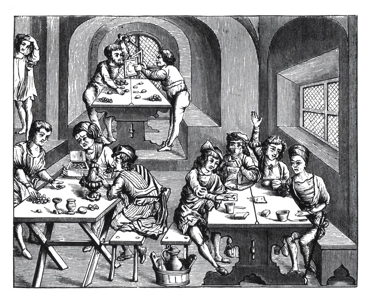 Interior de uma hospedaria, depois de uma xilogravura em uma edição de folio de Virgílio, publicou Lyons, 1517 de French School