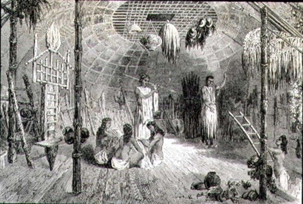 Interior de uma cabana indígena na década de 1860 (gravura) de French School