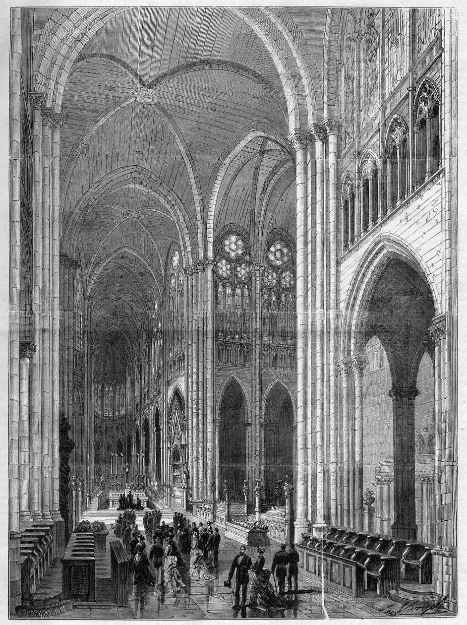 Interior da Basílica Saint Denis (Saint Denis) restaurada após os planos de Eugene Viollet-le-Duc (Viollet le Duc) (1814-1879). Gravura em "O Universo Ilustrado" (1814-1879) de French School