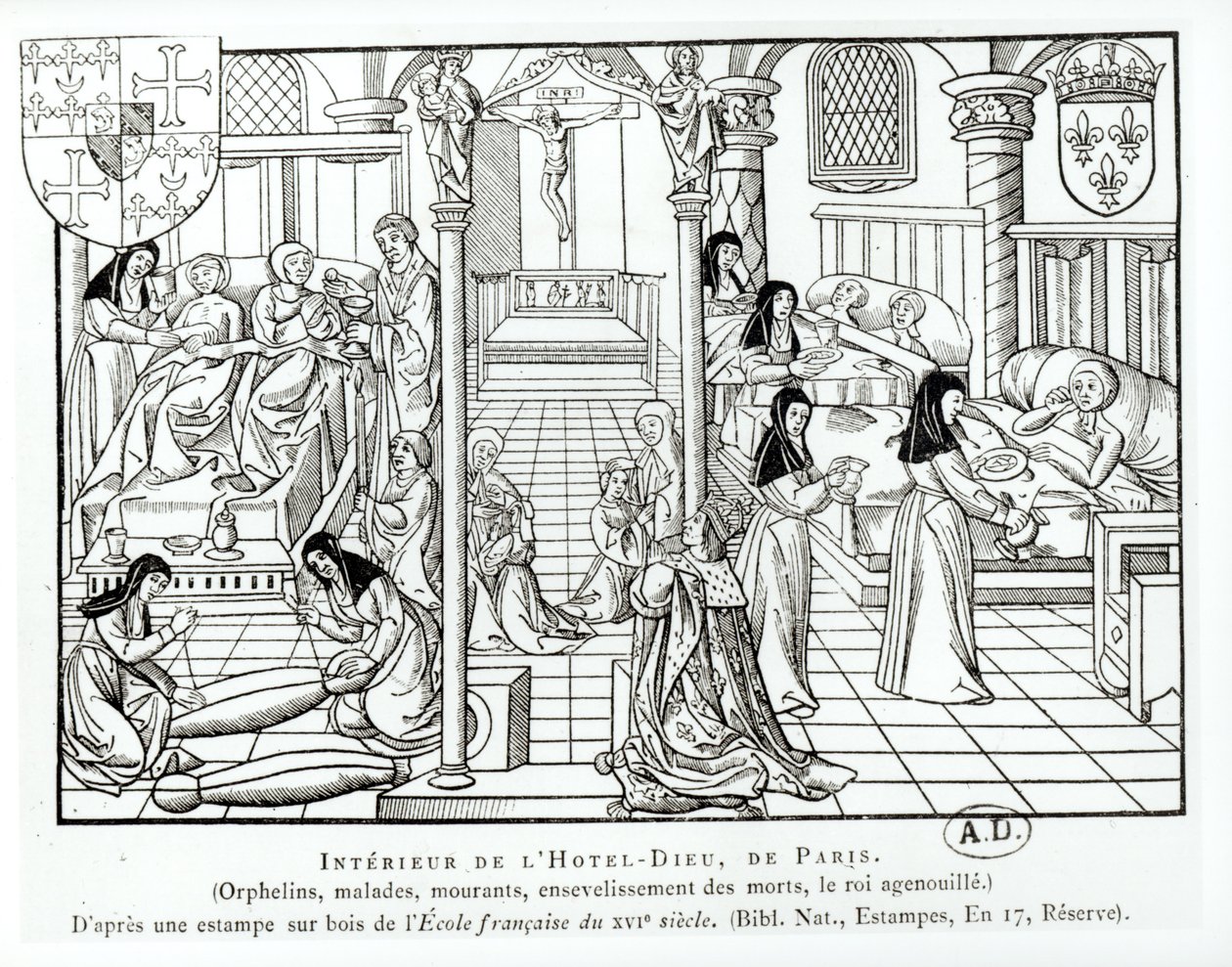 Interior do hospital do Hotel Dieu (xilogravura) de French School