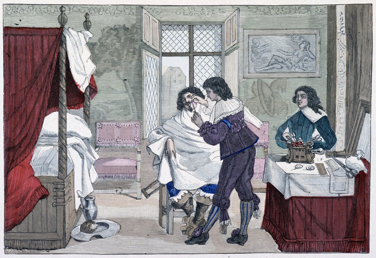 Interior da casa de um barbeiro no século XVII - em "Paris através dos séculos" de French School