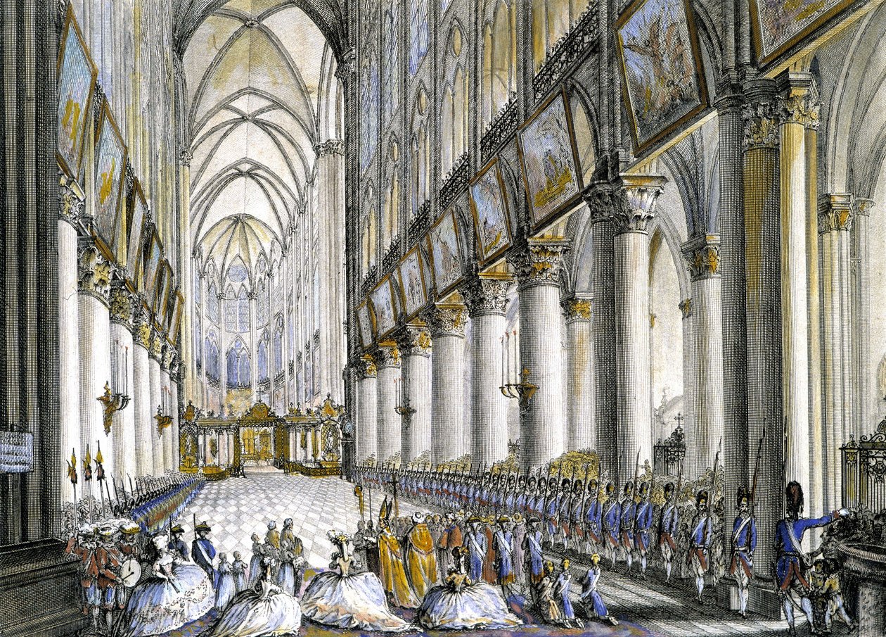 Vista interna de Notre-Dame de Paris, na chegada de Maria Antonieta (1755-1793), rainha da França, para assistir à famosa missa pelo nascimento de seu filho, o futuro Luís XVII (1785-1795). Gravura do século XVIII. de French School