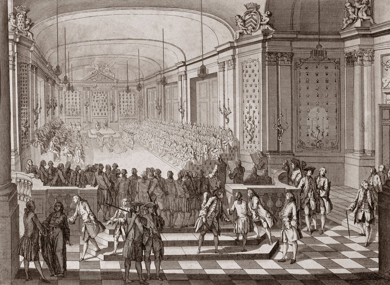 Vista interna do Salão Jacobins, em Nantes, durante a realização dos Estados Unidos da Bretanha, em 1764. de French School
