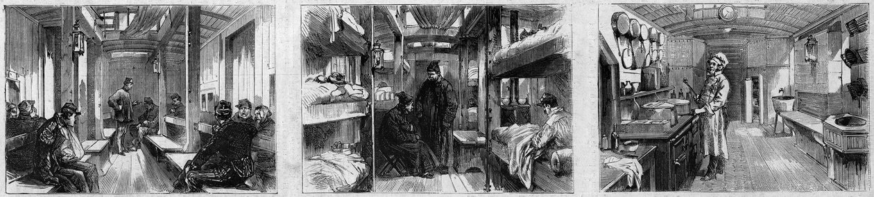 Vista interna do vagão de ambulância e vagão de cozinha de um trem médico da Sociedade Francesa de Seguranças aos militantes. Gravura no "Le Monde Illustré" n°846 de 28 de Junho de 1873. de French School
