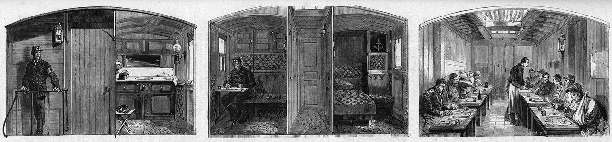 Vista interna do vagão médico e do vagão refeitório de um trem médico da Sociedade Francesa de Secours aux militaires. Gravura no "Le Monde Illustré" n°846 de 28 de Junho de 1873. de French School