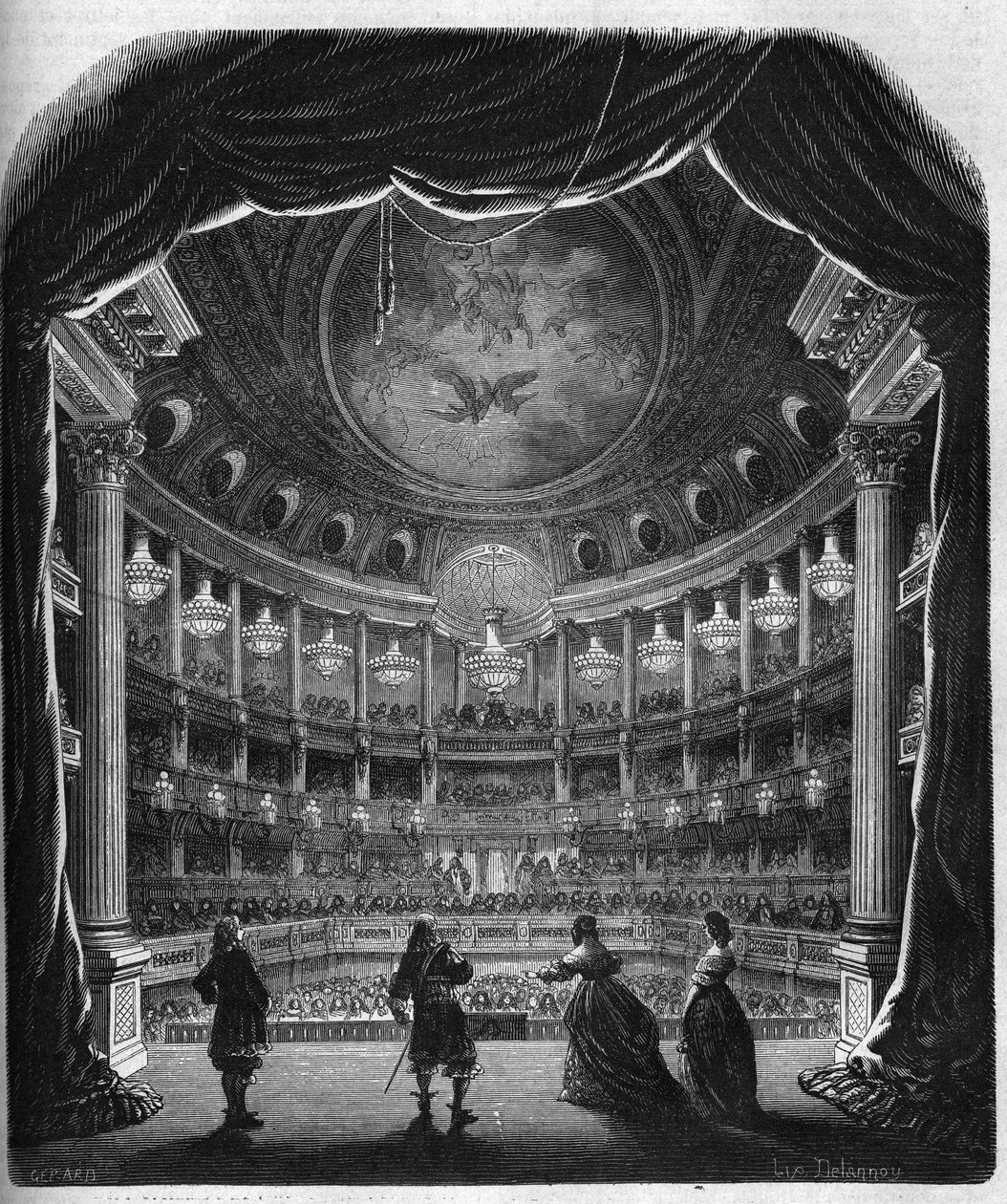 Vista interna do teatro do castelo de Versalhes. Gravura de 1867-1868. de French School