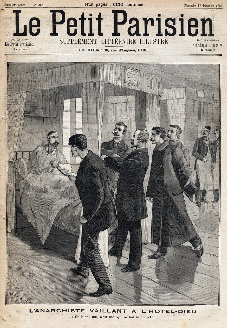 Interrogatório do anarquista Auguste Vaillant (1861-1894) no Hotel dieu que confessa o ataque que ele cometeu em 9 de dezembro de French School