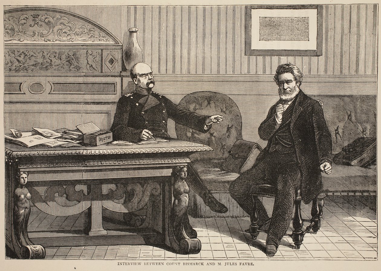 Entrevista entre o Conde Bismarck e o Sr. Jules Favre, em setembro de 1870, ilustração da História de Cassells da Guerra entre a França e a Alemanha, 1870-1871 de French School