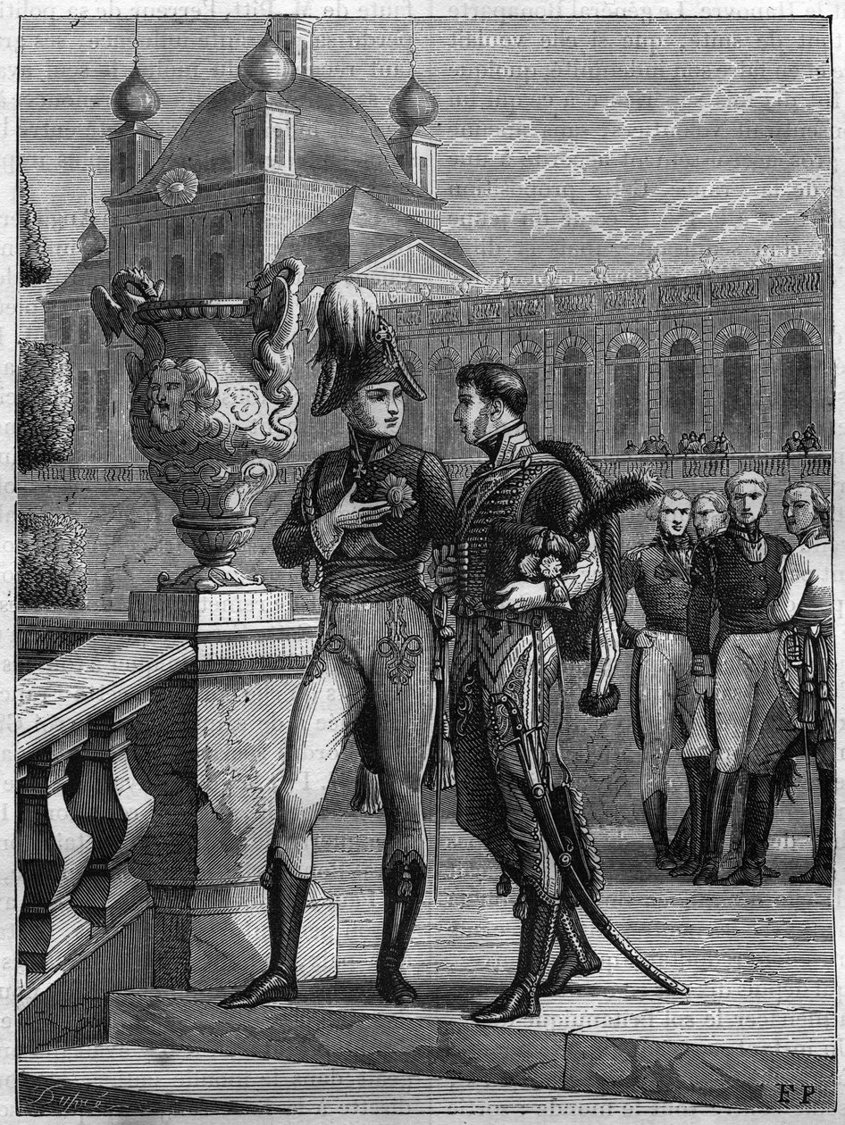 Entrevista de Alexandre I da Rússia (1777-1825) e Michel Duroc (1772-1813) em São Petersburgo em abril de 1801 - Gravação de 1865 no "Histoire du Consulate et de la Empire" de Louis Adolphe Thiers - Conversa entre o Imperador Alexandre I da Rússia (1777- de French School