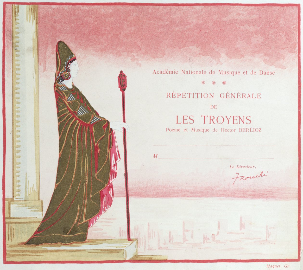 Convite para uma performance de Les Troyens (Os Troianos) composta por Hector Berlioz (1803-69) na Ópera de Paris, 1921 de French School