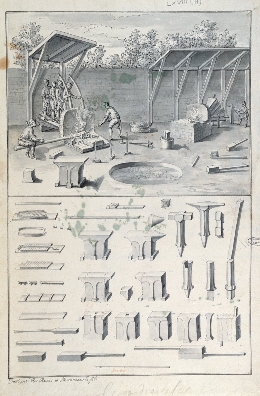 Forja de ferro, desenhando para a Description des Arts et Métiers, por L. Simonneau, que inspirou Diderot para a Encyclopédie de French School