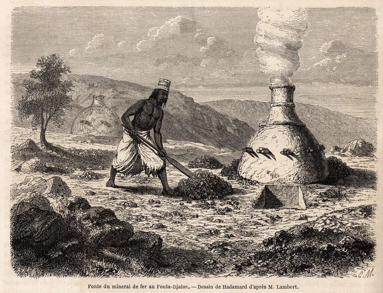 Fundição de minério de ferro em Fouta Djalon, Senegal, desenho de Hadamard, para ilustrar a viagem do Tenente Lambert a Fouta Djalon em 1860. Gravura em "Le tour du monde" 1861. Coleção de Selva. de French School