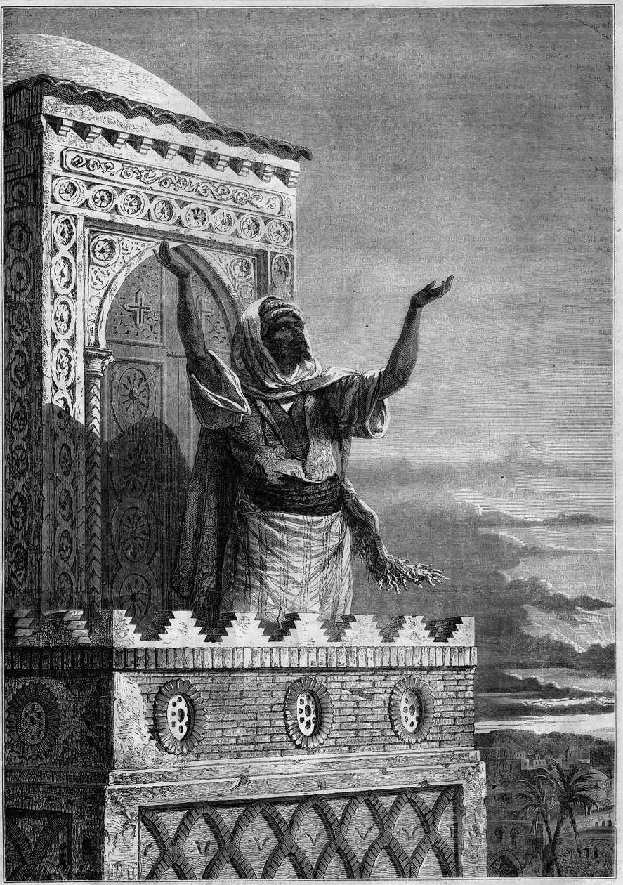 O Islão: Muezzin chamando os fiéis à oração da noite do minarete de uma mesquita em África. Gravação no "Le Monde Illustré" n°297 de 20 de Dezembro de 1862. de French School