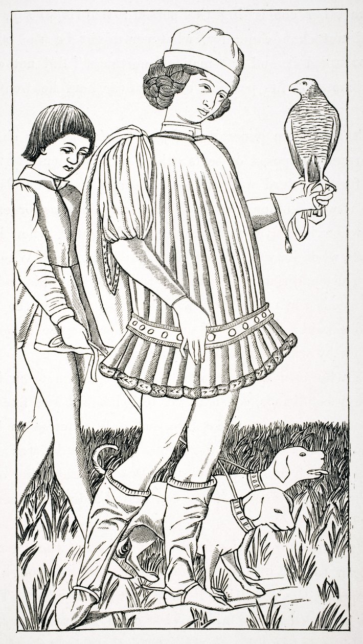 Nobre italiano segurando um falcão, depois de uma carta de baralho gravada em cobre, c.1460, de &39;Le Moyen idade et La Renaissance&39; por Paul Lacroix (1806-84) publicado de 1847 de French School