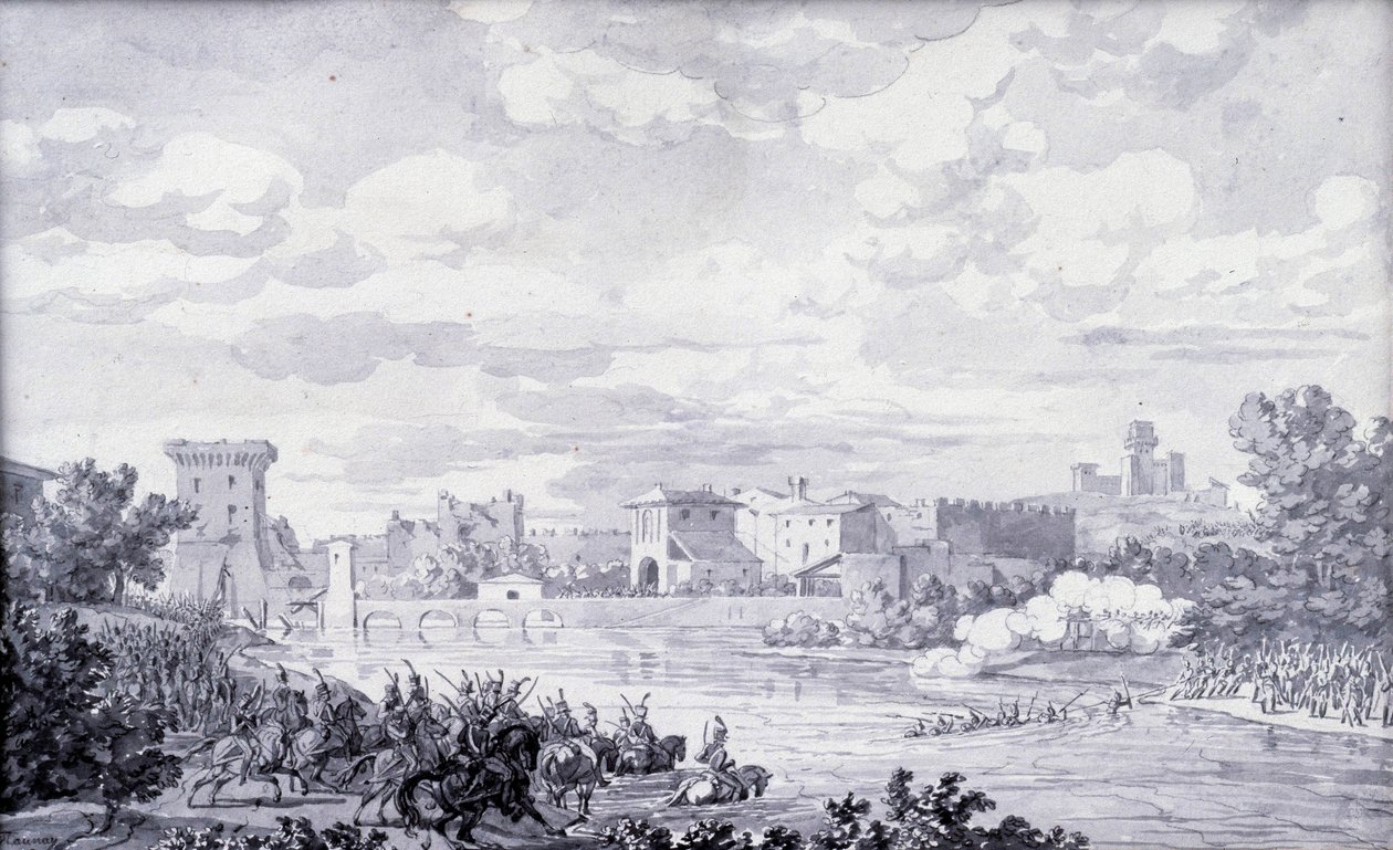 Paisagem italiana: o exército francês passou o rio Mincio para Borghetto em 1796. Desenho anónimo. Paris, Museu do Louvre de French School