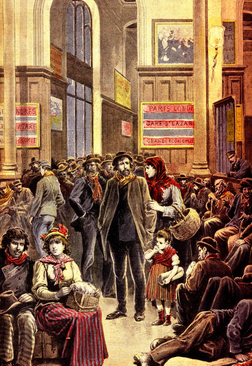Emigrantes italianos em Paris na estação ferroviária de Gare Saint Lazare em março de 1896 (gravura) de French School
